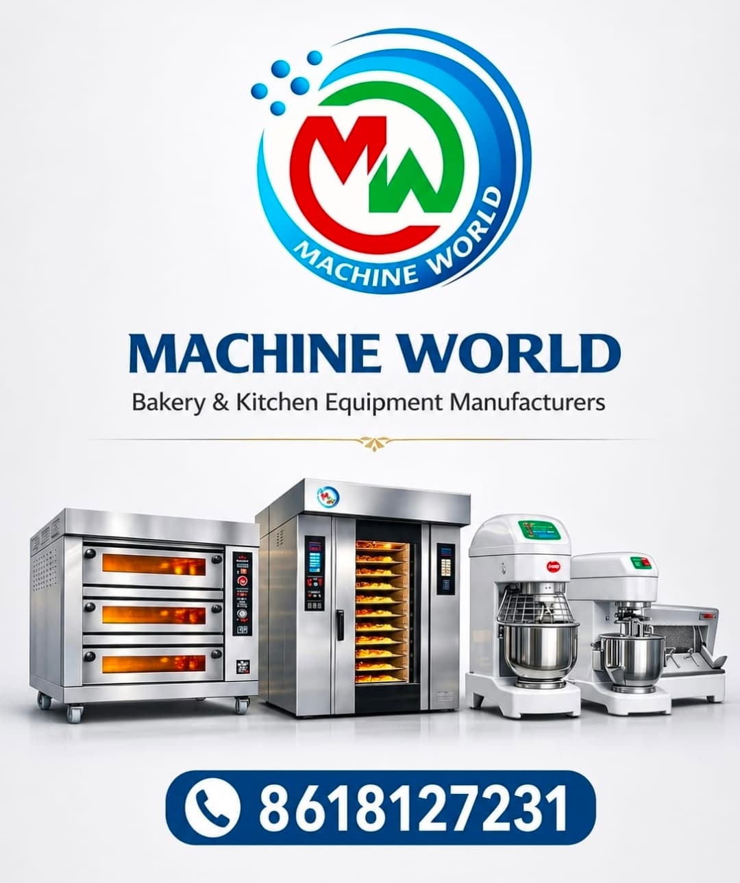 All-in-one product display featuring rotary ovens, mixers, and food machines